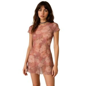 C'EST BON x VINTAGE Sheer‎ lettuce hem mini floral dress see thru 90s